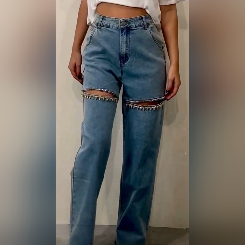 #59585 🛑S, L FABULOUS Cut Out Front Rhinestone Washed Denim Jeans - Picture 16 of 16